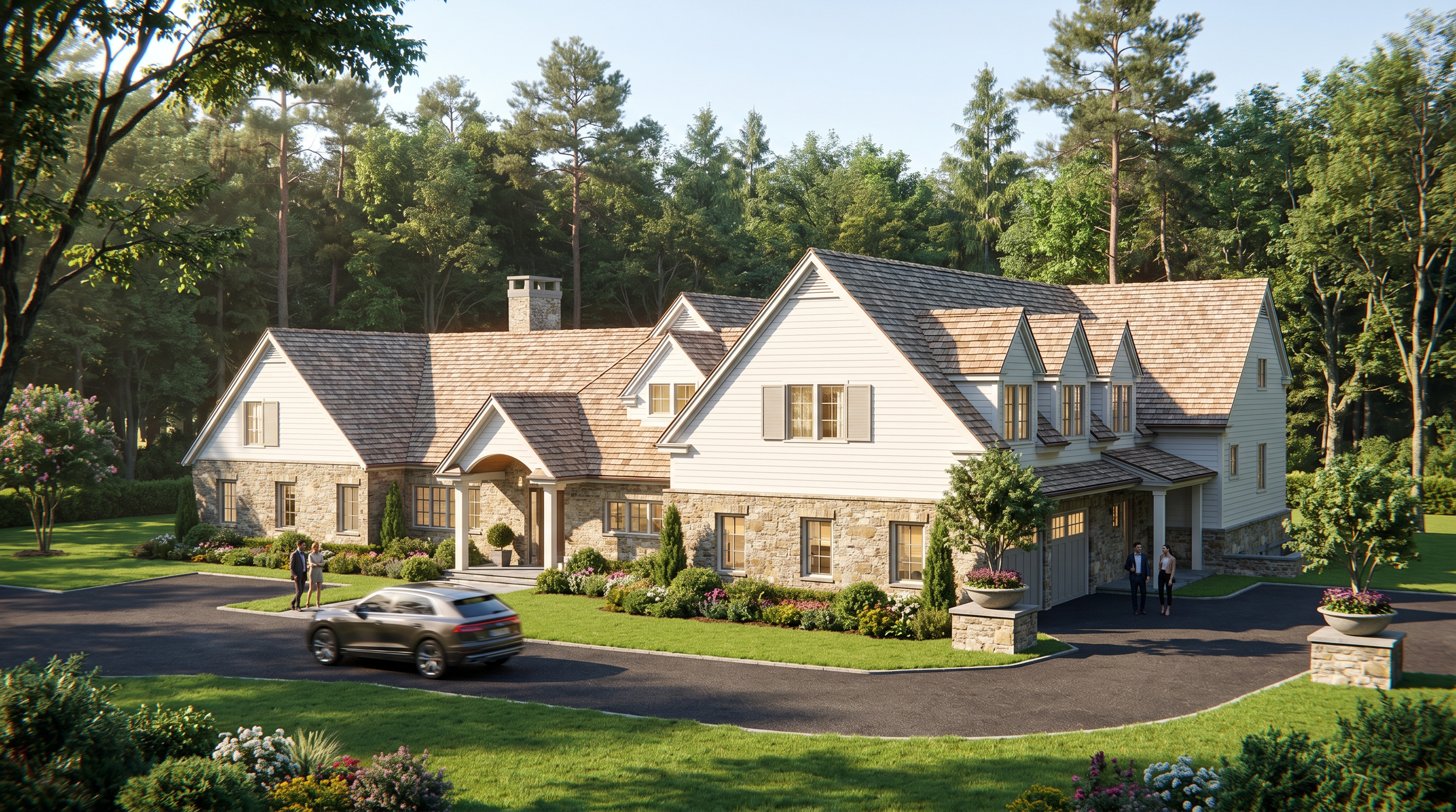 A large two-story house with white siding, stone accents, and multiple gabled roofs, surrounded by well-maintained lawn and colorful flower beds, with people and a car in the driveway, set against a wooded backdrop.