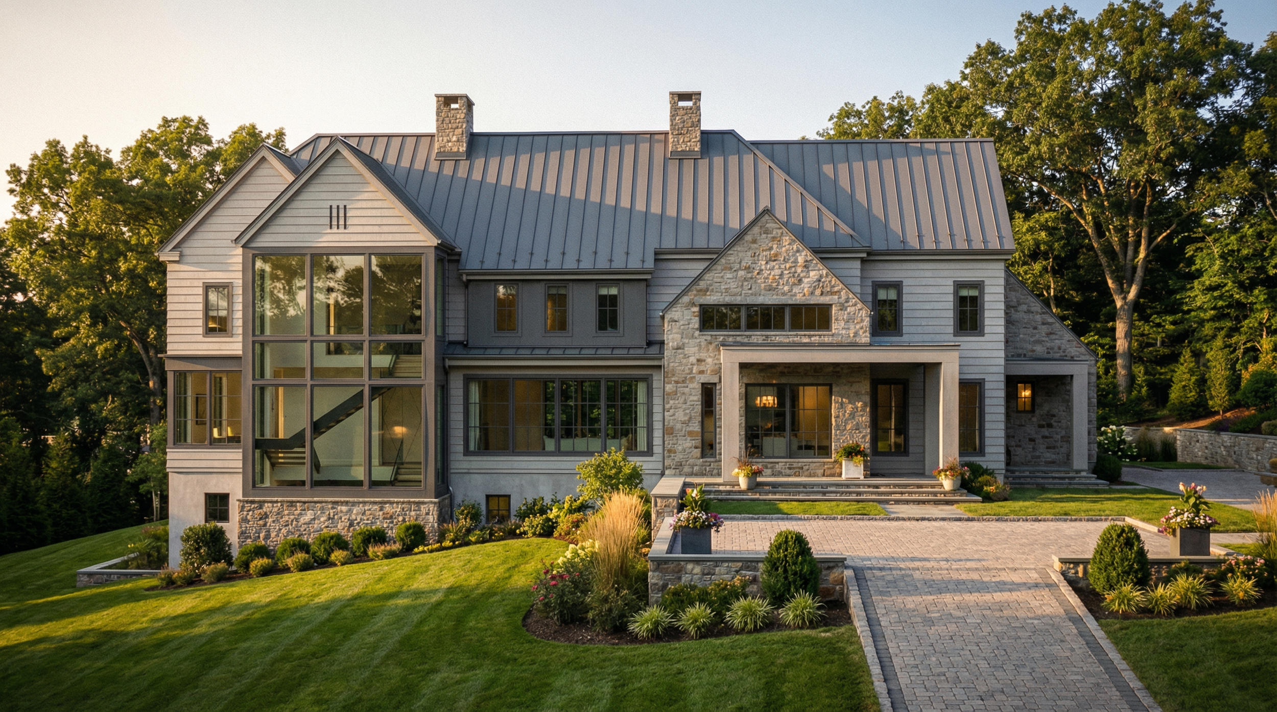 Modern house with stone and siding exterior, large windows, and a metal roof surrounded by a landscaped yard and trees.