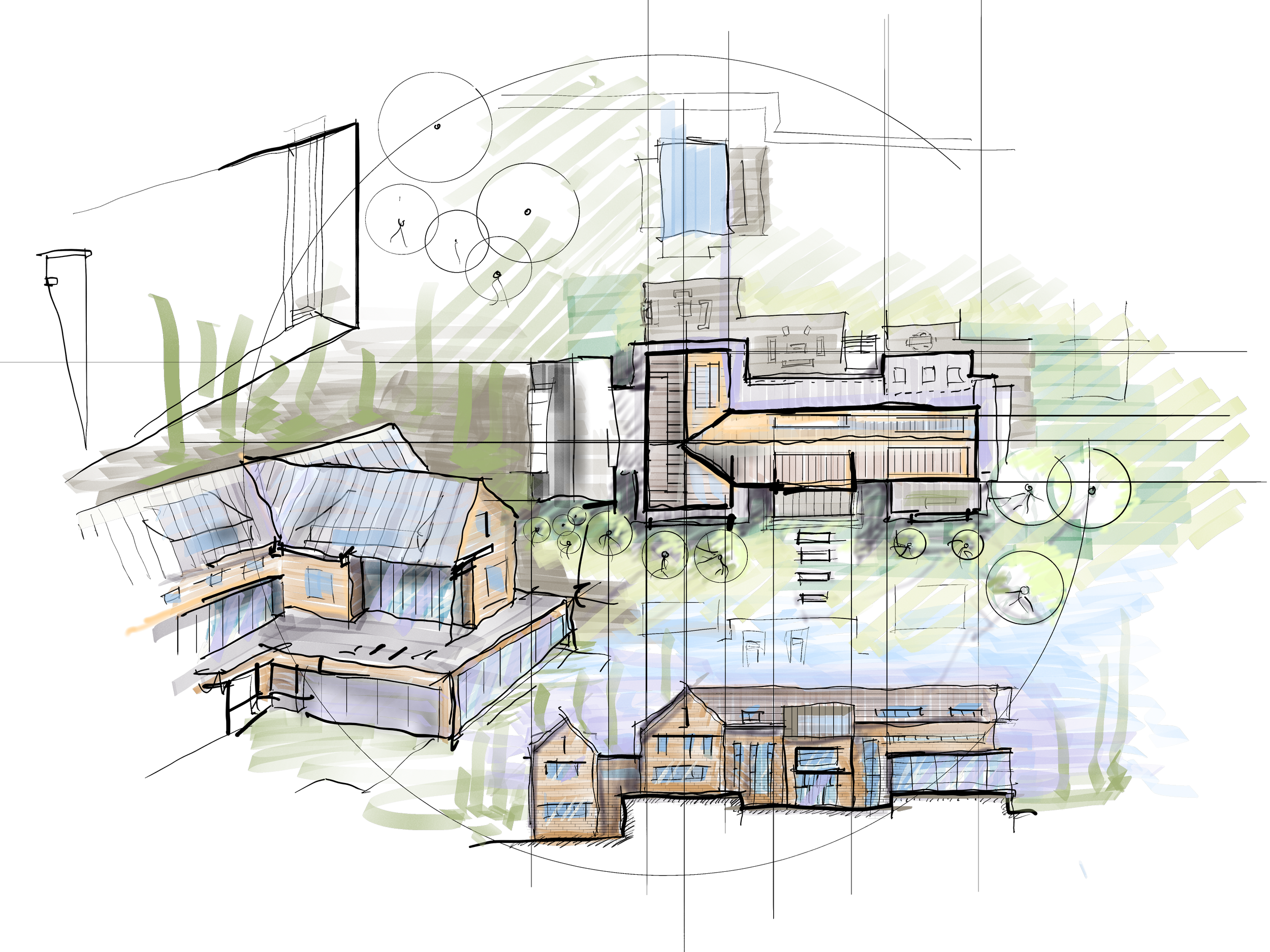 Architectural digital drawing of a modern residential building complex with multiple levels, outdoor areas, and landscaping elements.