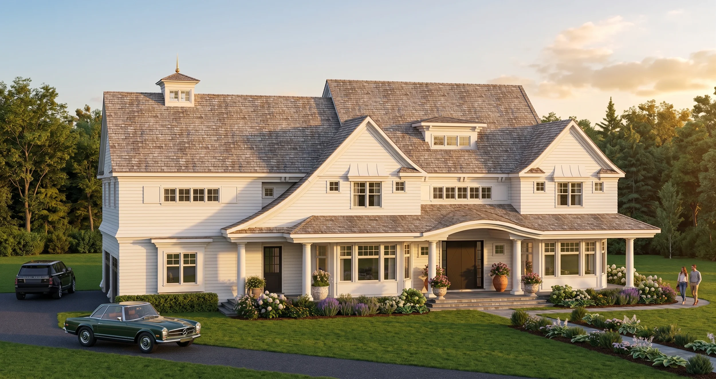 A large white house with a steep shingle roof, front porch with columns, and multiple windows. The house is surrounded by a well-maintained lawn, colorful flowers, and trees in the background. Several cars are parked nearby, and two people are walkin