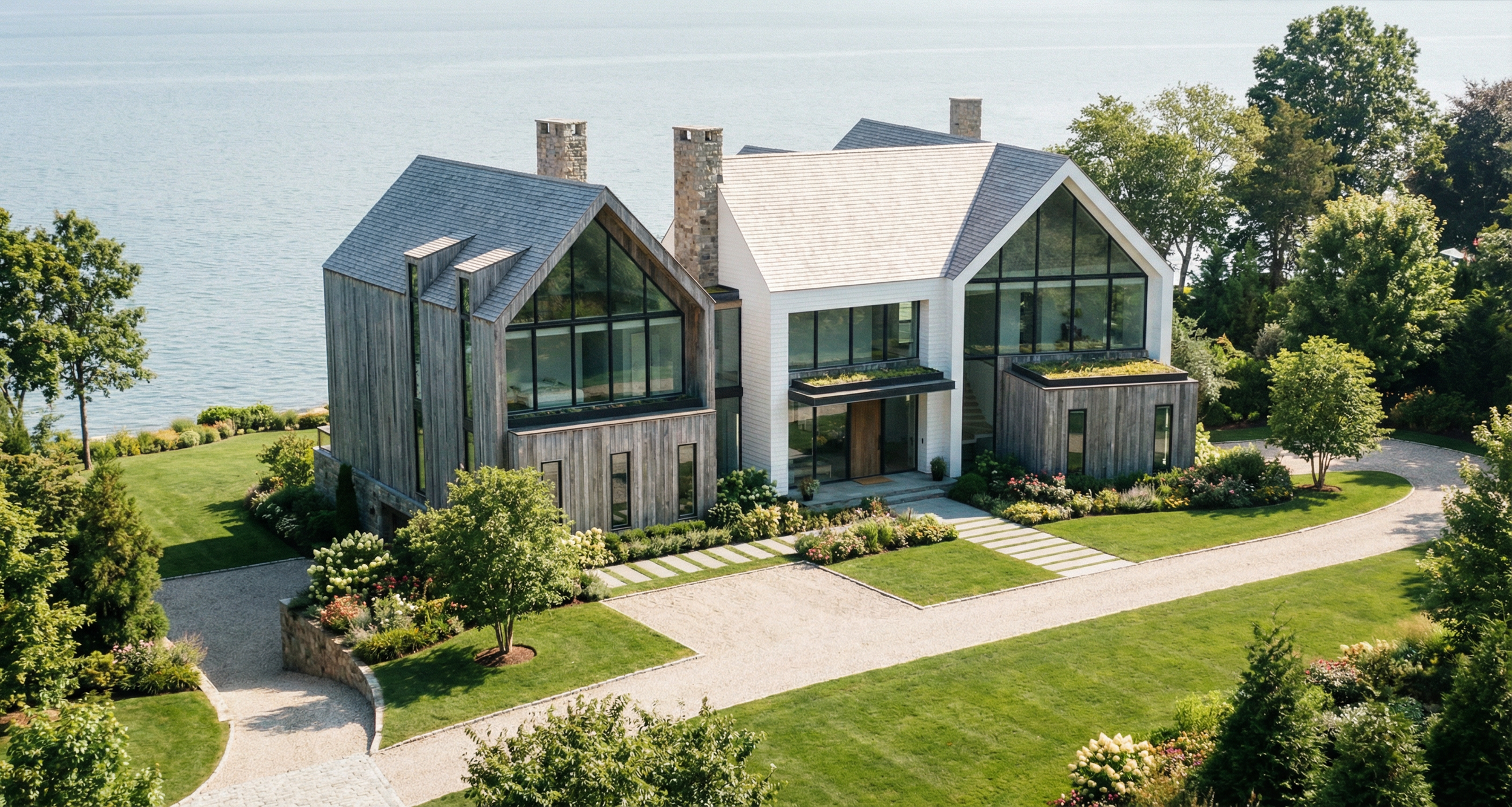 Modern house with large glass windows, surrounded by green lawn and gardens, overlooking a body of water.