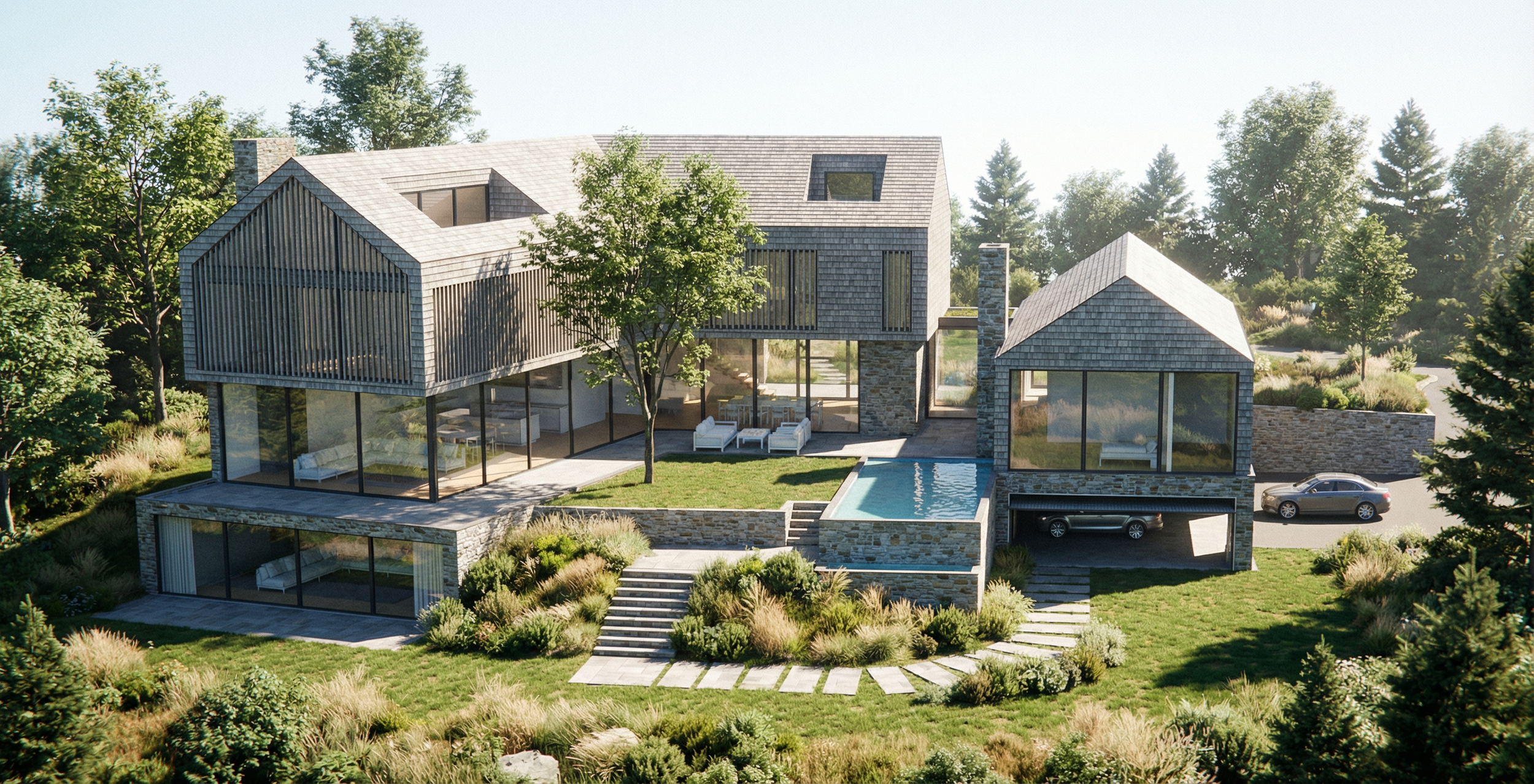Modern house with large glass windows, a small swimming pool, and landscaped yard surrounded by trees.