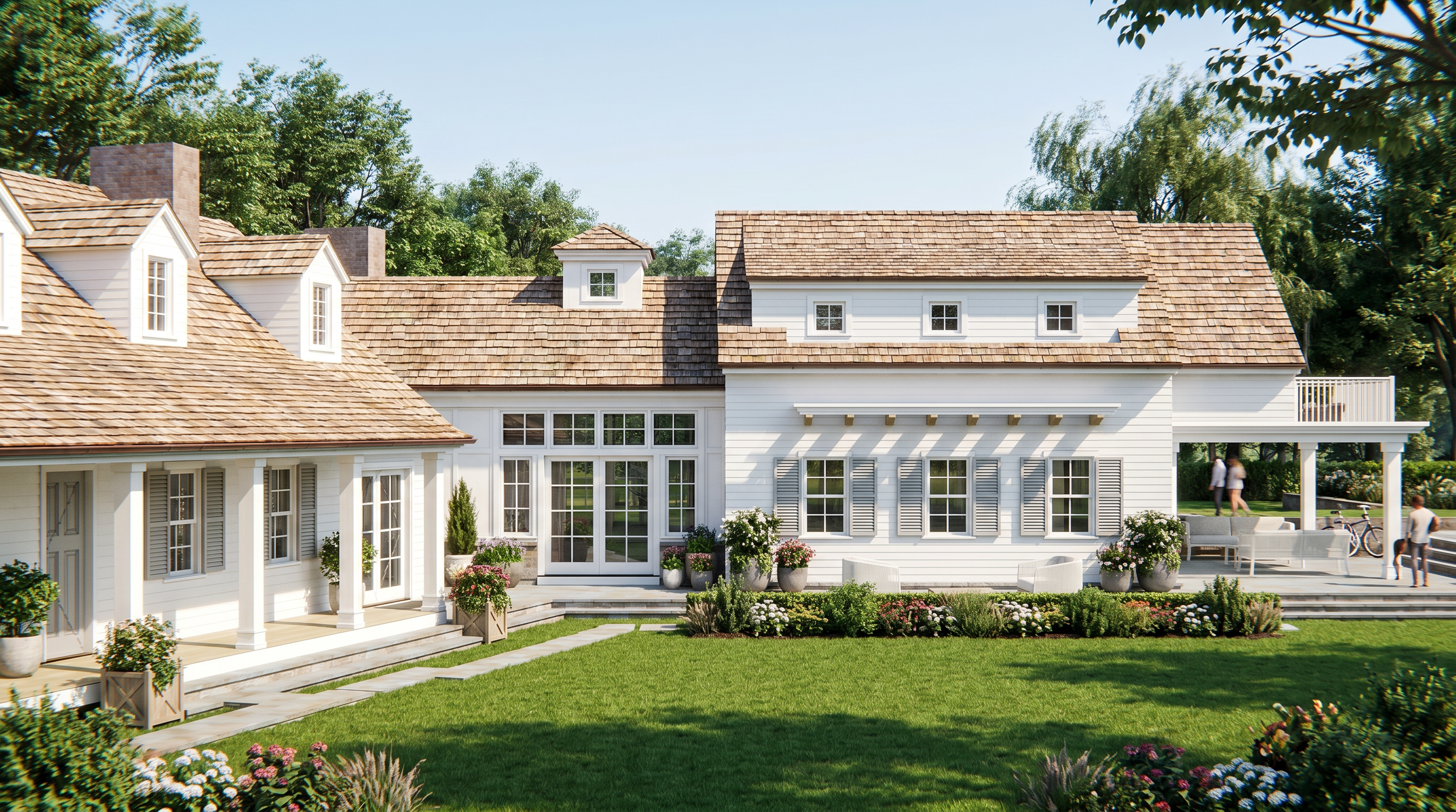 A white house with multiple gabled roofs, large windows, and a porch, surrounded by a lush green garden with flowers and trees.