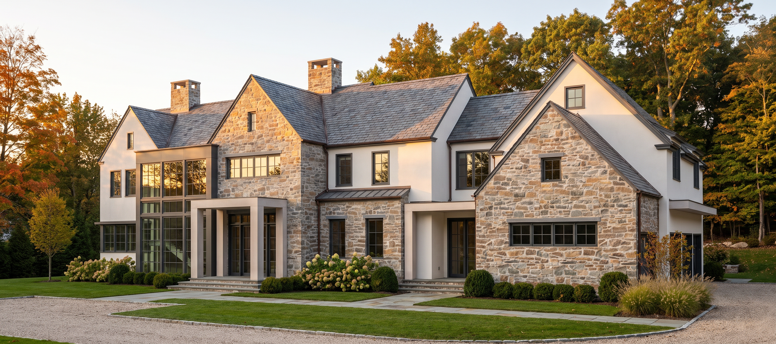 A modern house with a stone and white exterior, large windows, and a landscaped front yard with shrubs and trees, set against a backdrop of autumn-colored trees at sunset.