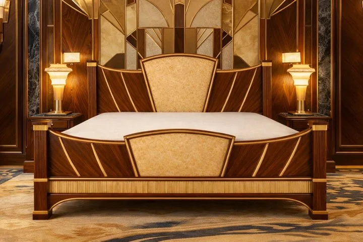 Luxury hotel room with an ornate wooden bed, headboard, and matching nightstands with lamps.