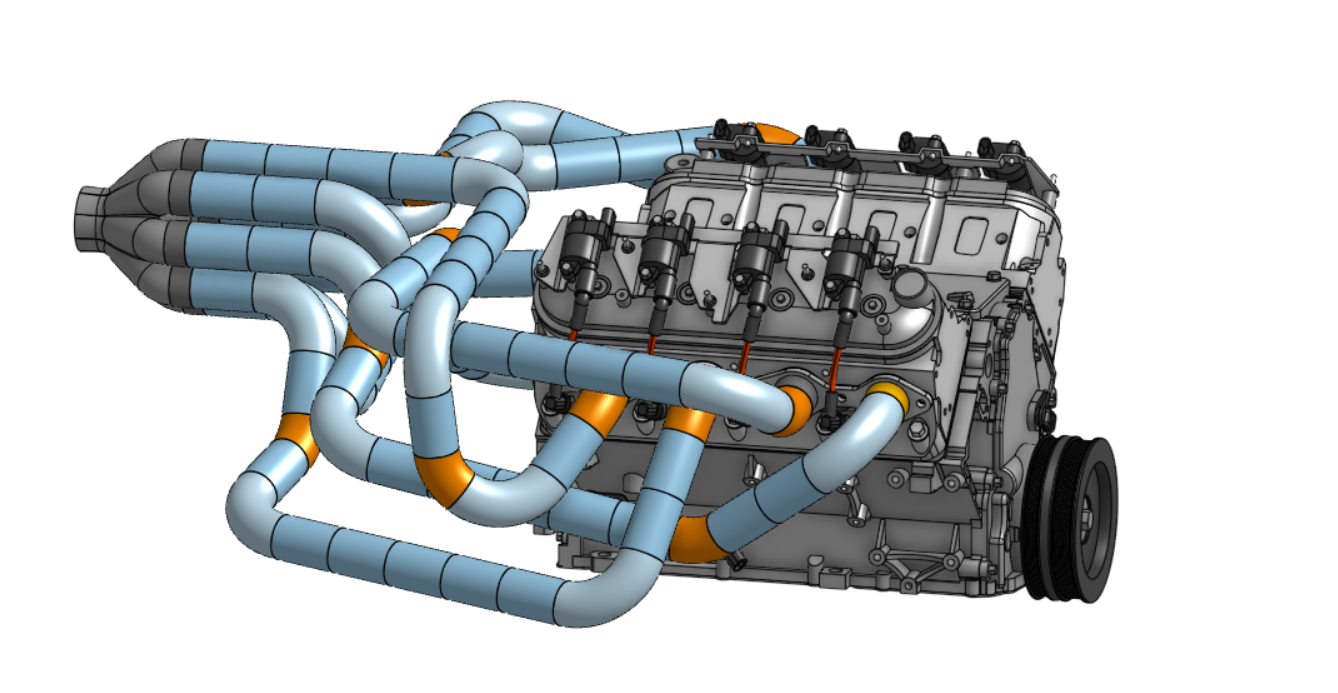 Equal-length headers with rotationally timed eight-into-one merge.