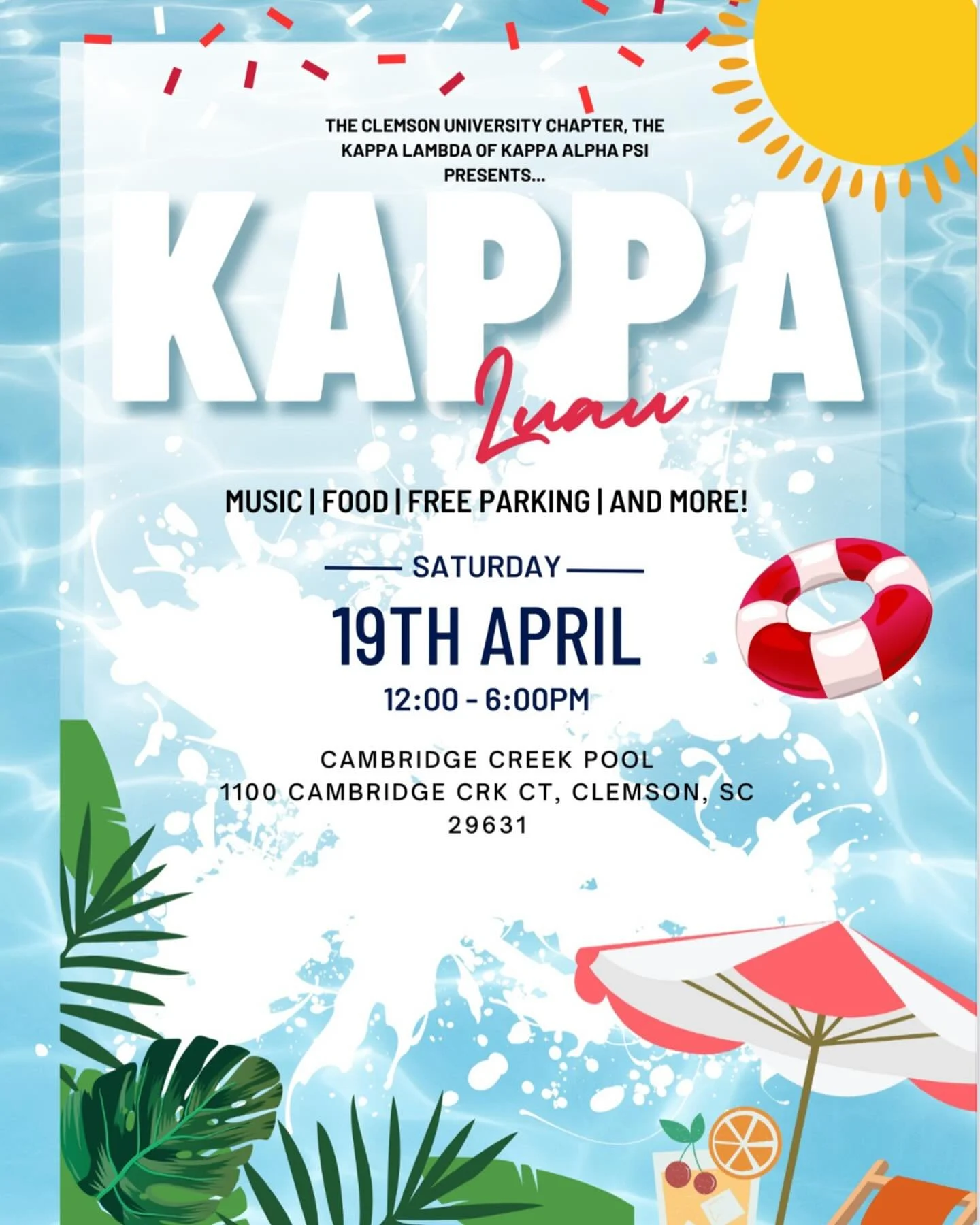 Kappa Lambda&rsquo;s most anticipated event of the Spring Semester&hellip;

KAPPA LUAU🌺🌴

📅: Saturday, April 19th
⏰: 12PM - 6PM
📍: 1100 Cambridge Creek Ct, Clemson, SC 29631

Food and Drinks will be provided for sale!