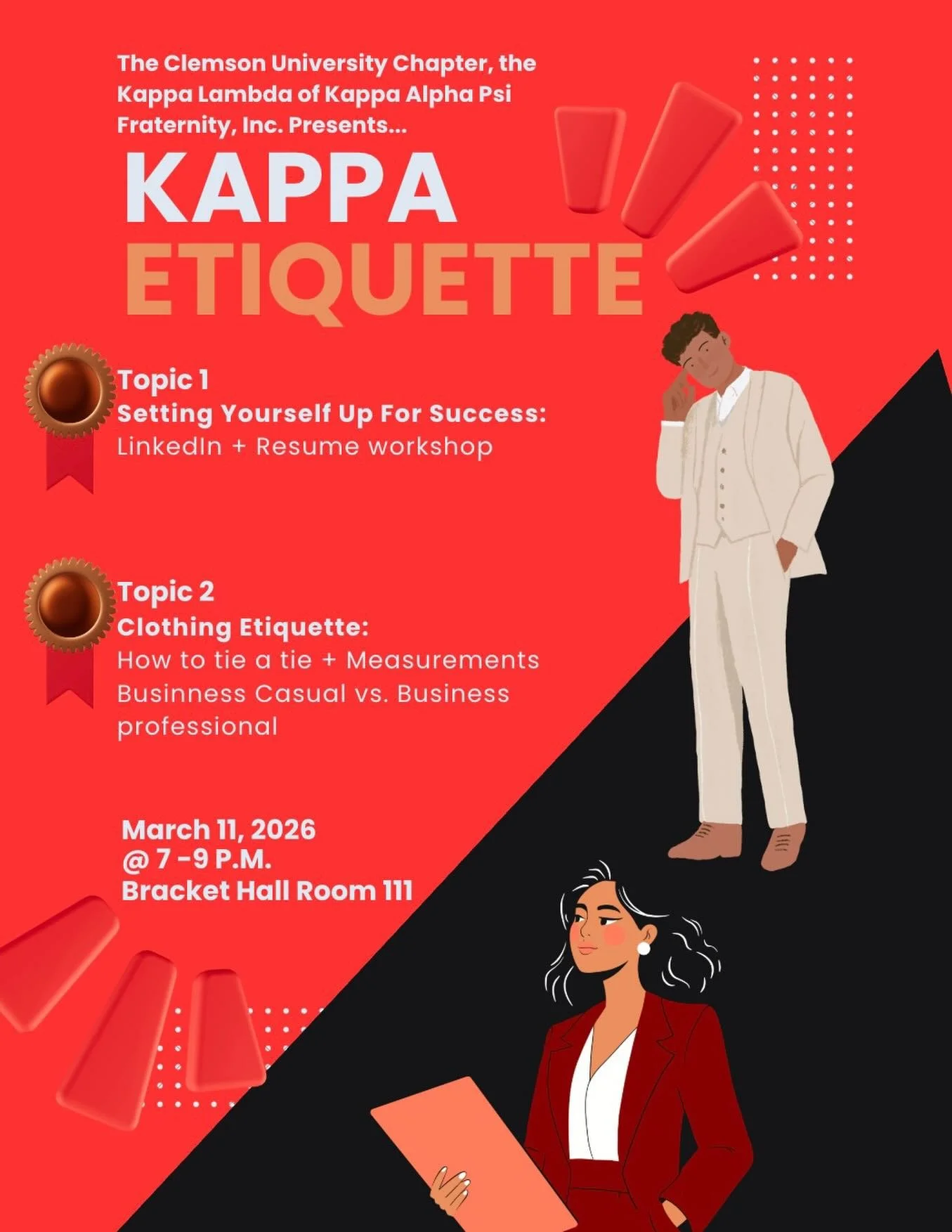 The Clemson University Chapter, the Kappa Lambda of Kappa Alpha Psi Fraternity, Inc. Presents&hellip;

Kappa Etiquette 👔👠

Come out Wednesday, March 11th and join us as we discuss how to set yourself up for success, clothing etiquette and more!

📍
