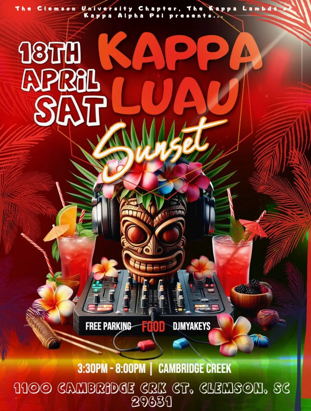 Kappa Lambda's most anticipated event of the Spring Semester... 

KAPPA LUAU🌺

🗓️: Saturday, April 18th
⏰: 3:30PM - 8PM
📍:1100 Cambridge Creek Ct, Clemson, SC 29631

Food and Drinks will be provided for sale!