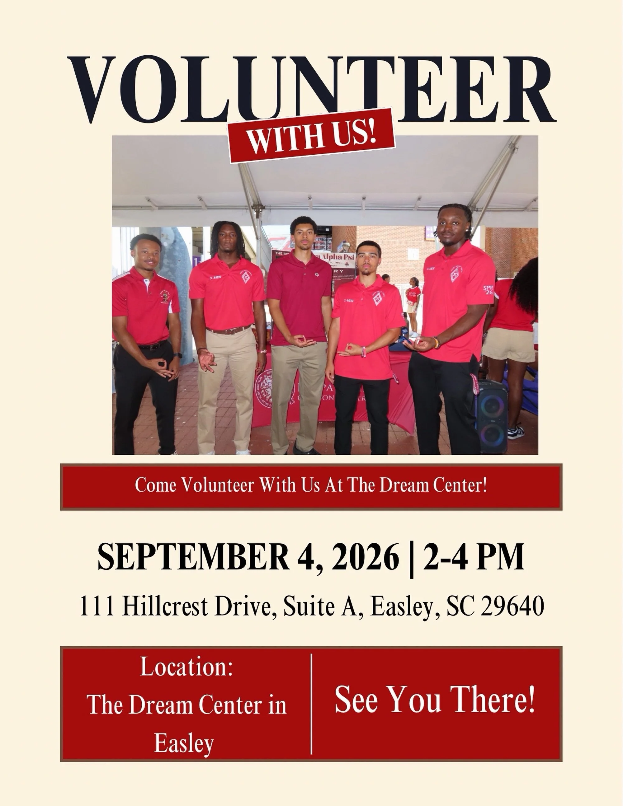 Come join us on Friday, September 4th for a community service event at the Dream Center in Easley, SC!

See You There!👌🏽