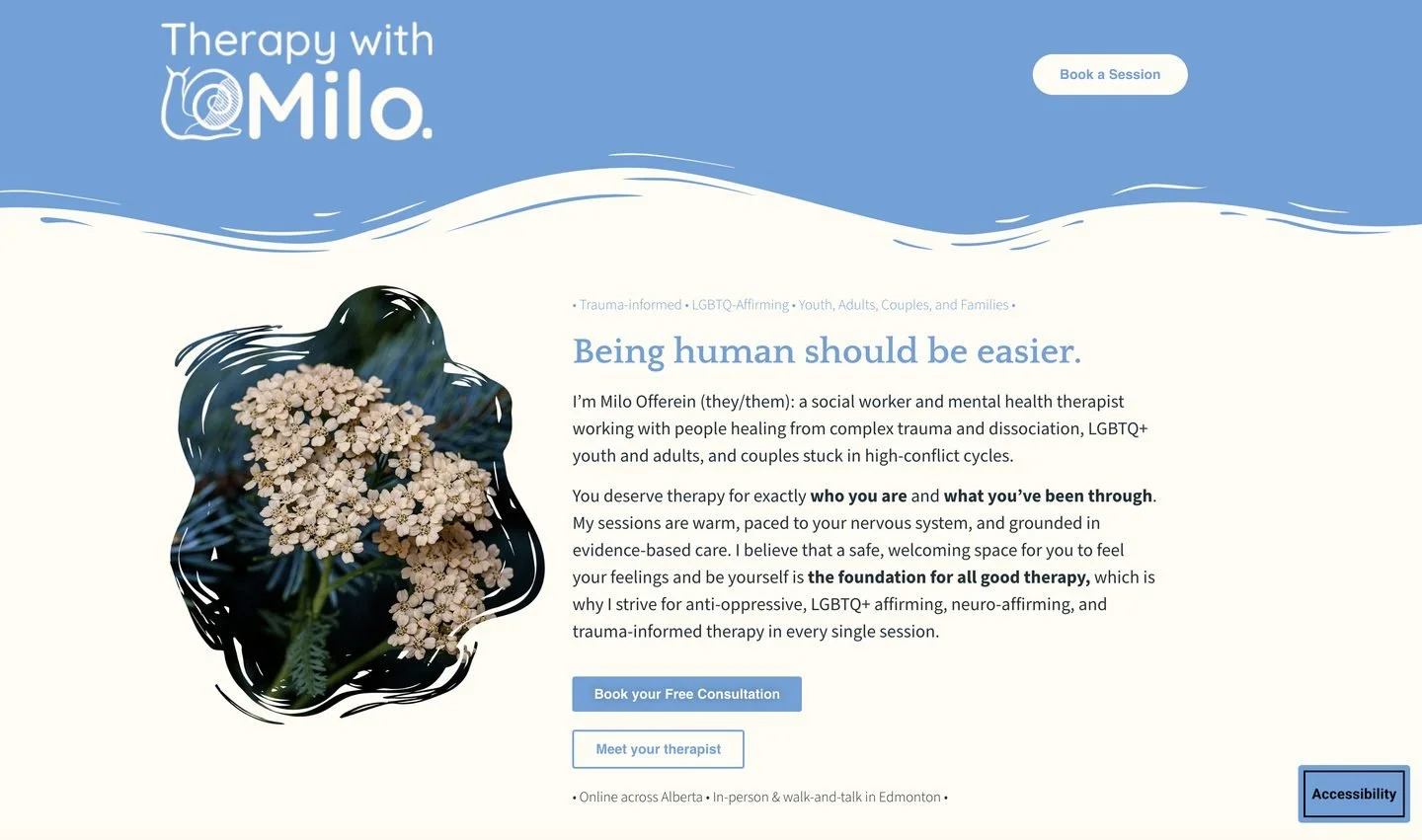 Therapy with Milo page on desktop