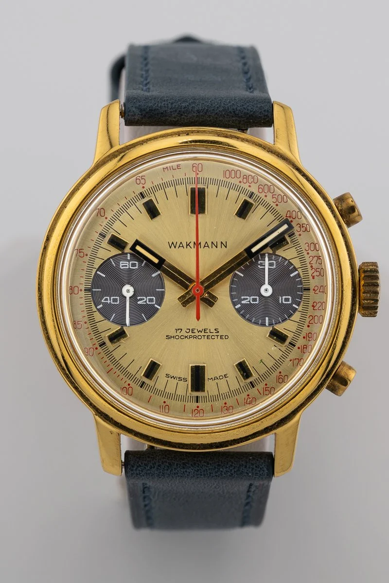 Wakmann 1970s Gold Panda Dial Valjoux Chronograph