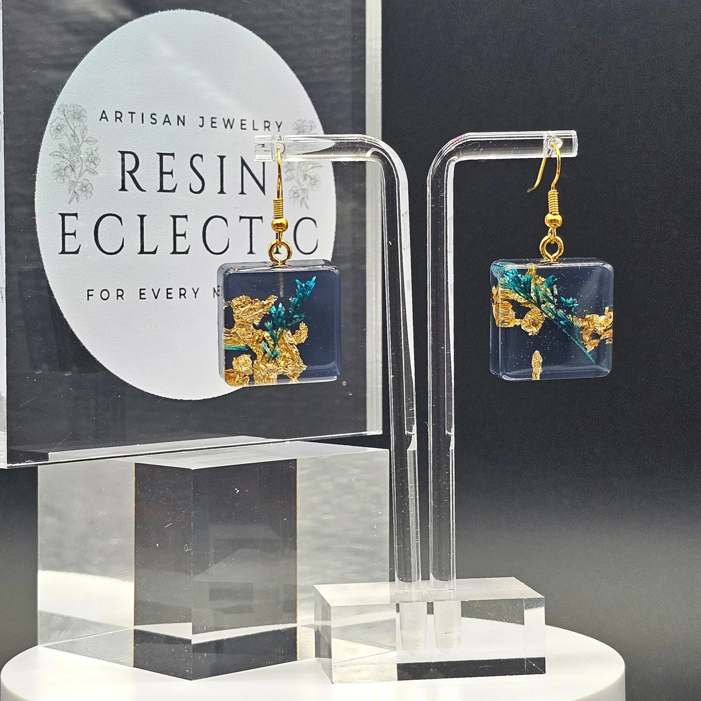 S Dusk Blue Gold Floral Dangle