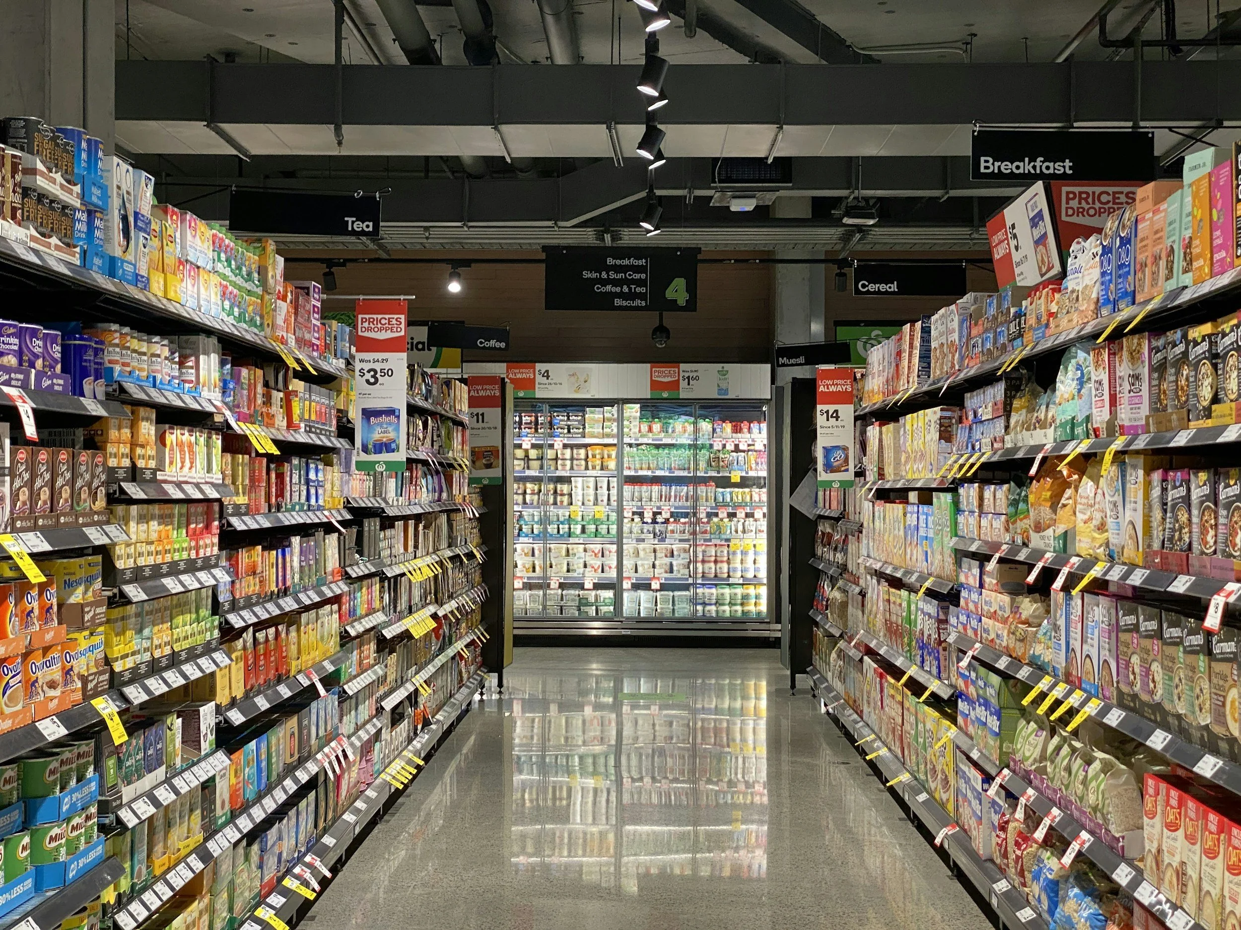 grocery retail shelves with food