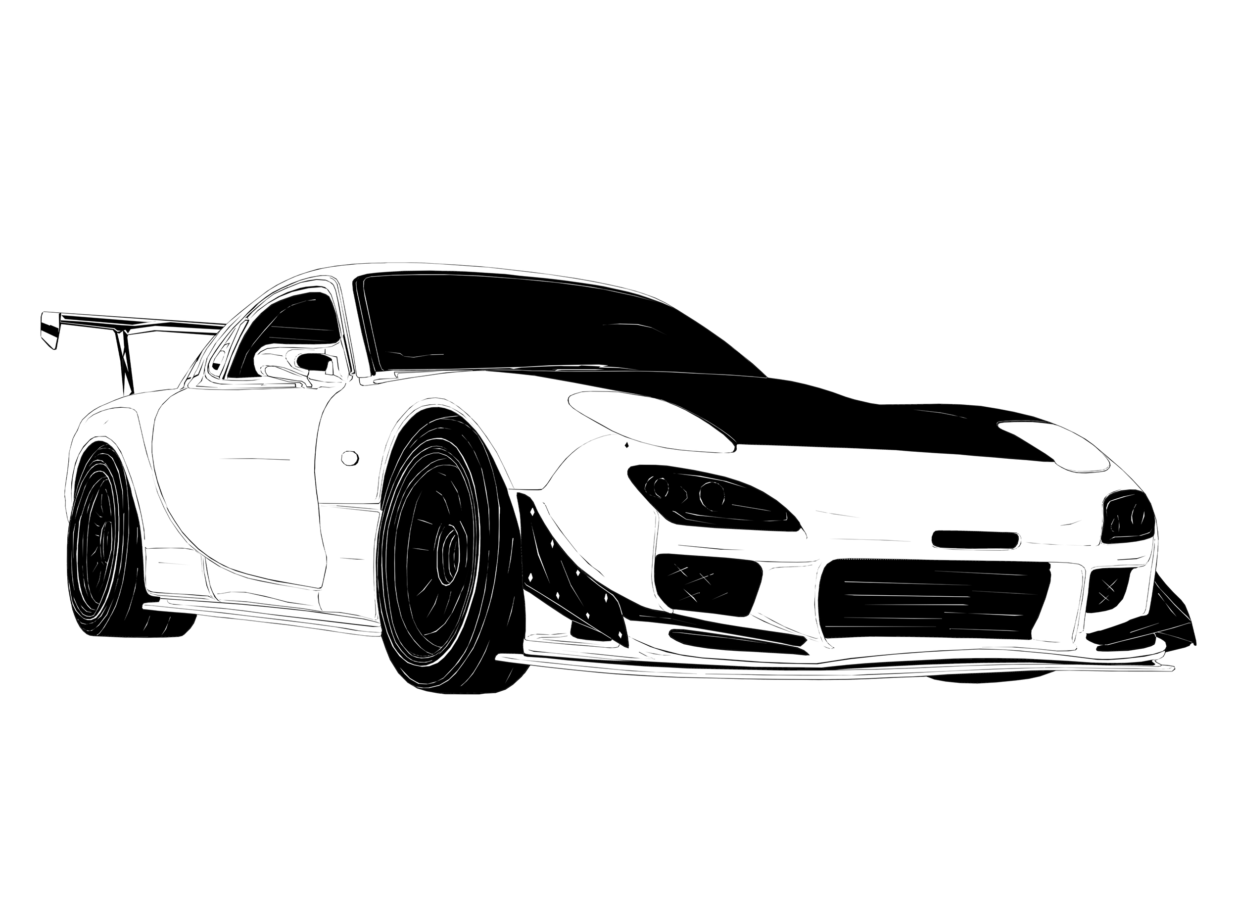 Black-and-white illustration of a sleek sports car with a large rear wing on a black background