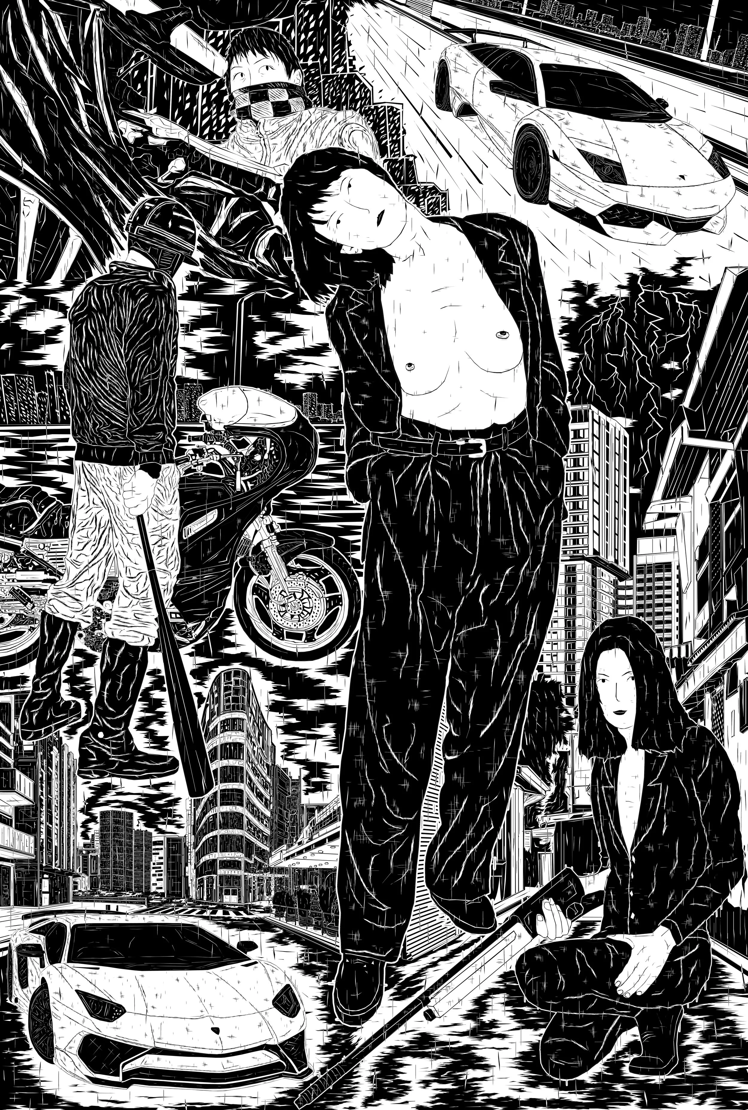 Black-and-white manga-style collage of a rainy futuristic city with skyscrapers, sports cars, motorcycles, and people in streetwear.