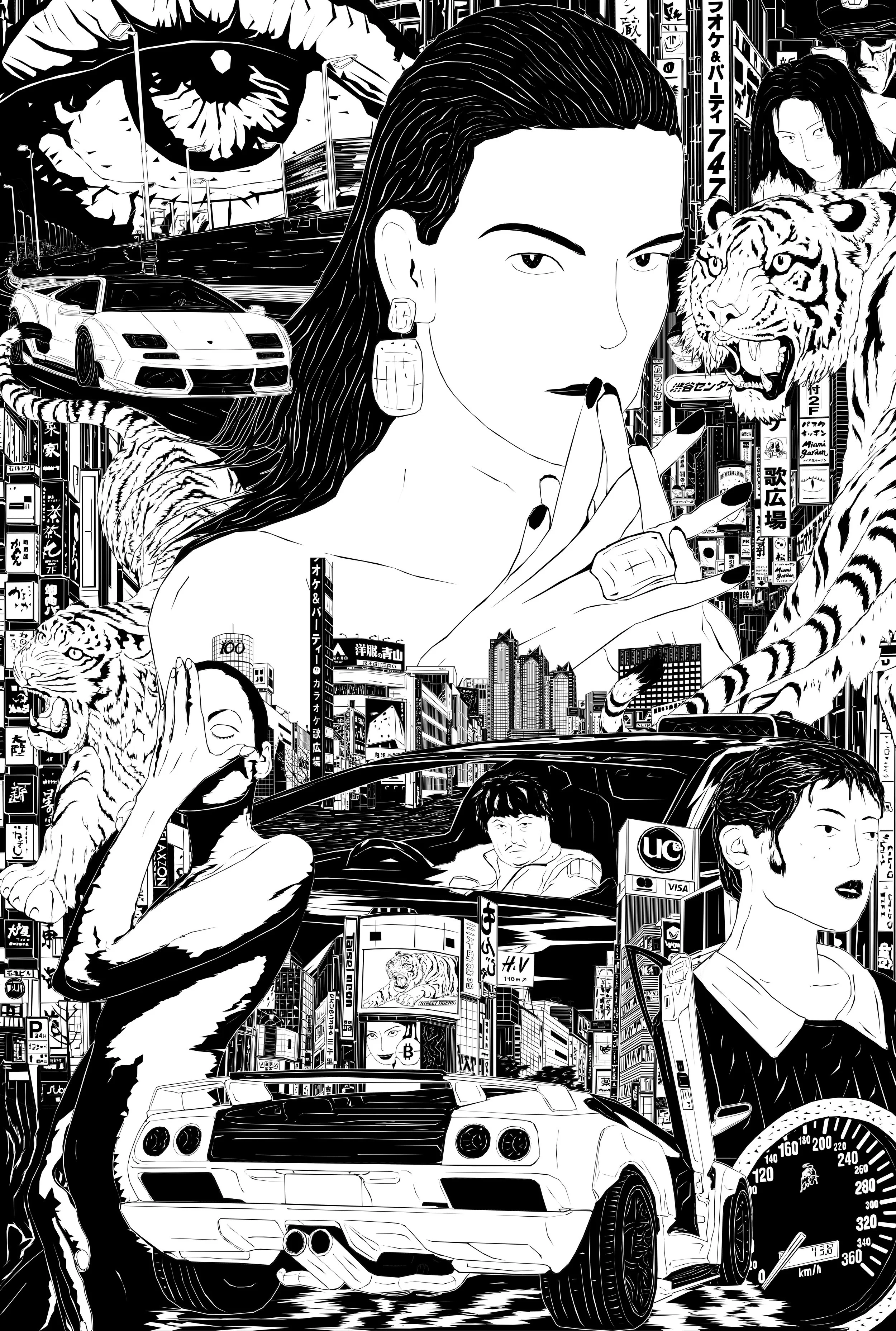 Black-and-white pop-art collage of a woman, roaring tigers, sports cars, a city skyline, Japanese street signs, and a motorcycle speedometer.