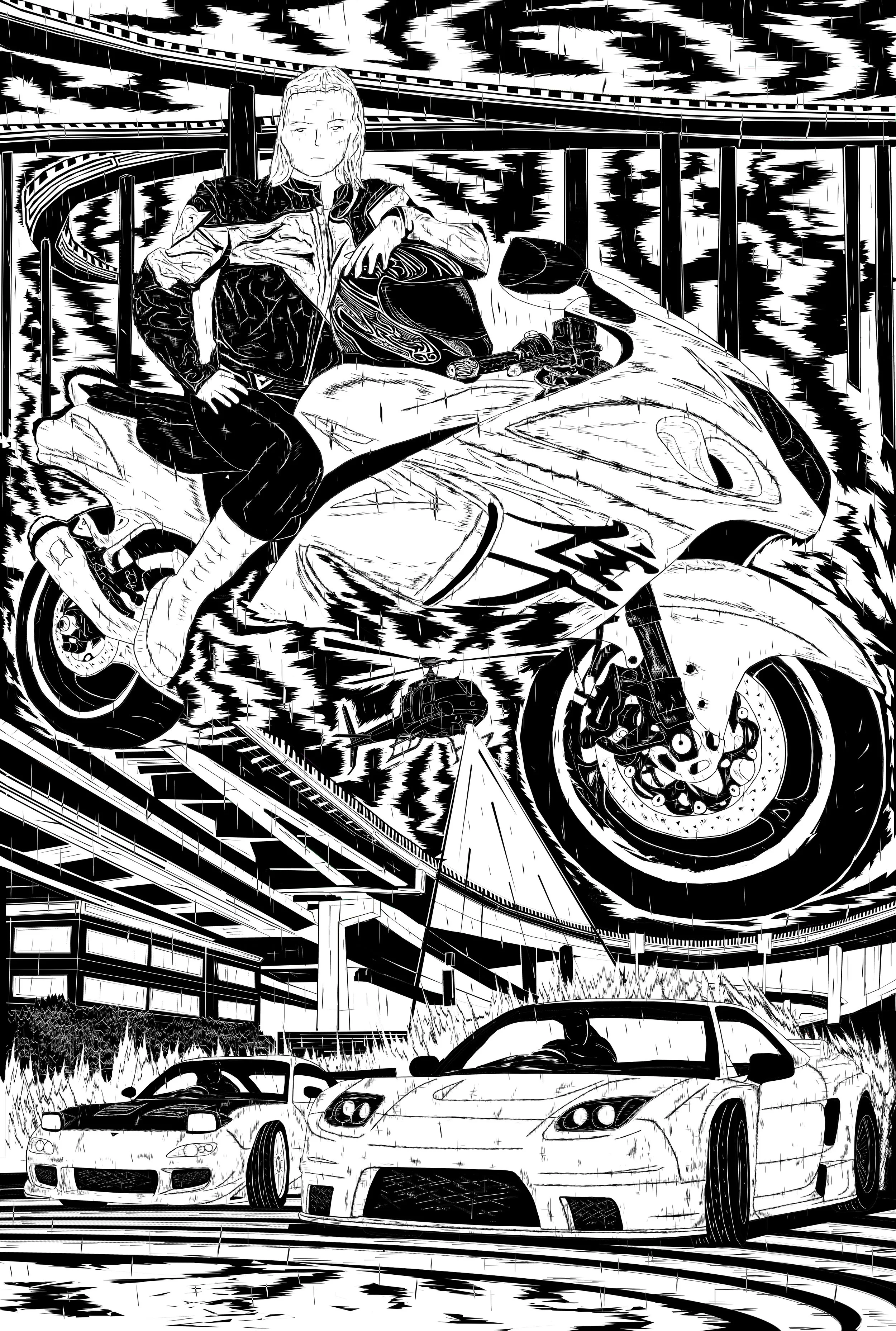 High-contrast black-and-white illustration of a person in a futuristic car cockpit, with a giant biker, city buildings, elevated highways, and sports cars in the rainy background.