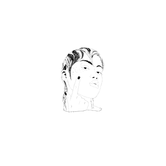 Black-and-white line drawing of a person touching their cheek