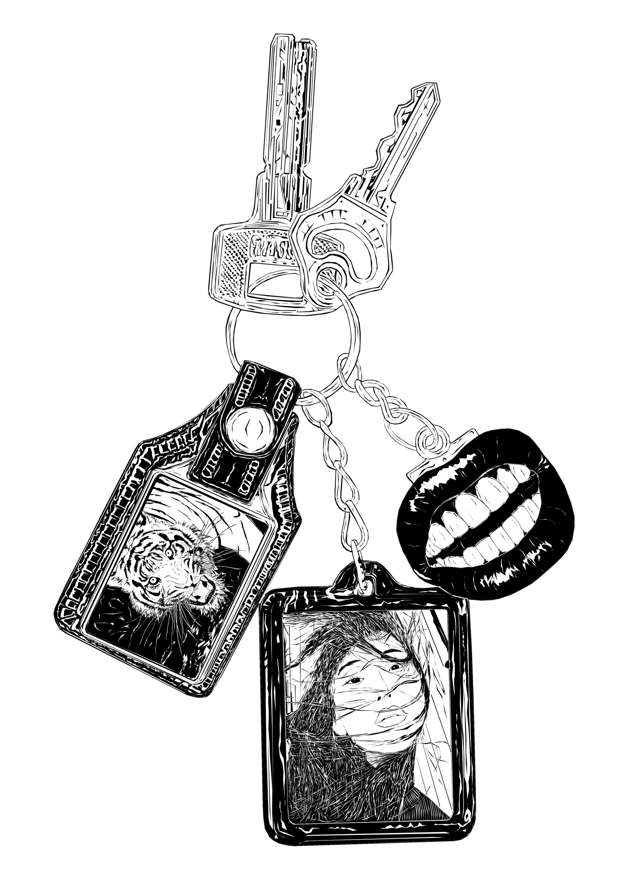 Black-and-white collage of vintage tattoo-style flash art featuring a microphone, cassette tape, chain, lips, tiger, and woman's portrait on a black background.