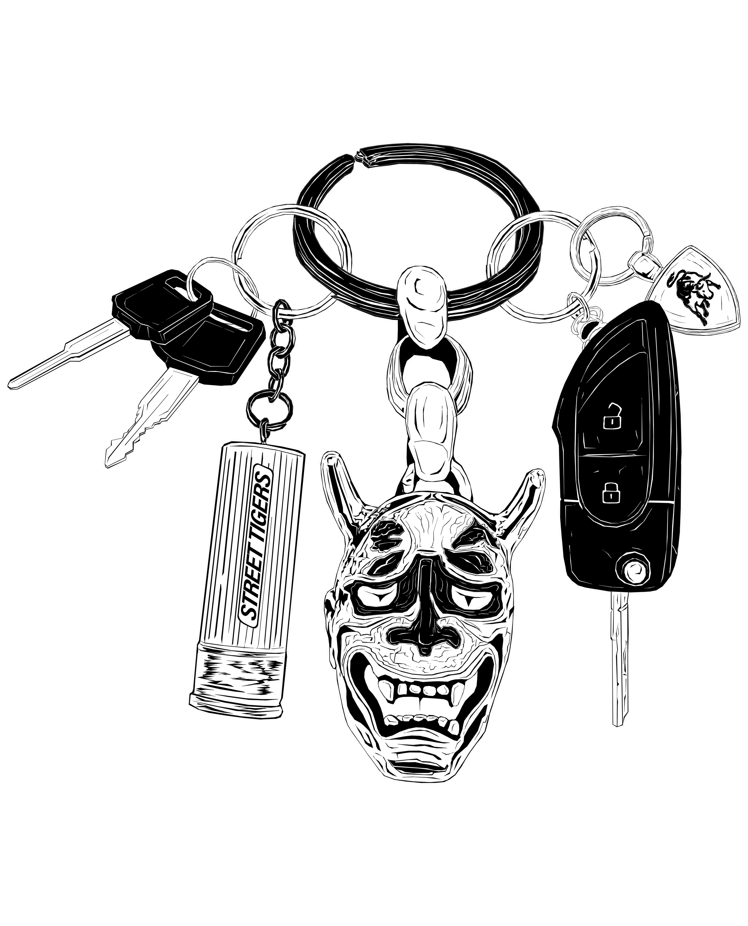 Black-and-white illustration of keys, a key ring, a skeleton key, pepper spray, and a skull keychain.