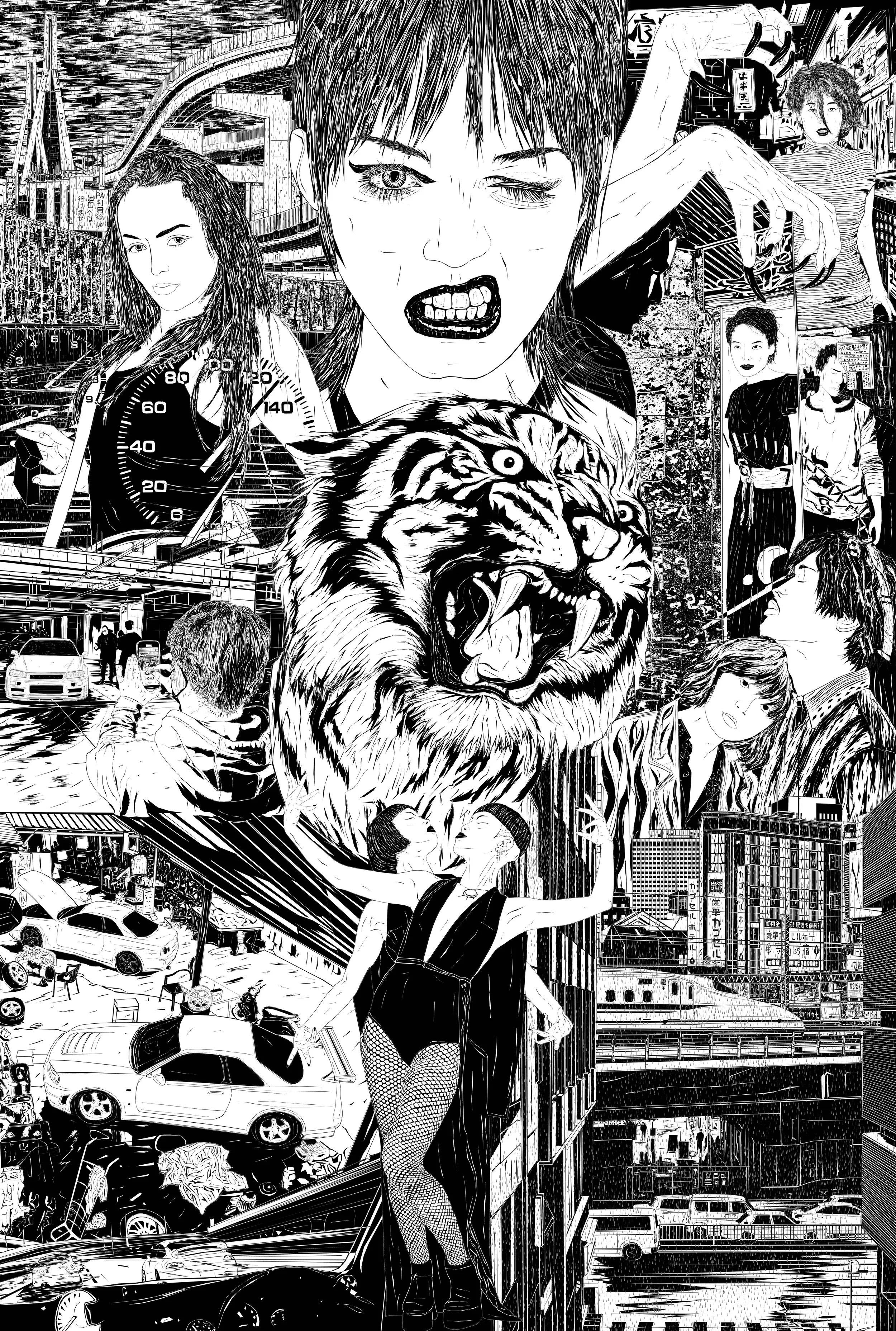 Black-and-white manga-style collage of Japanese cityscapes, people, cars, a tiger, a snarling woman, and dramatic urban scenes.