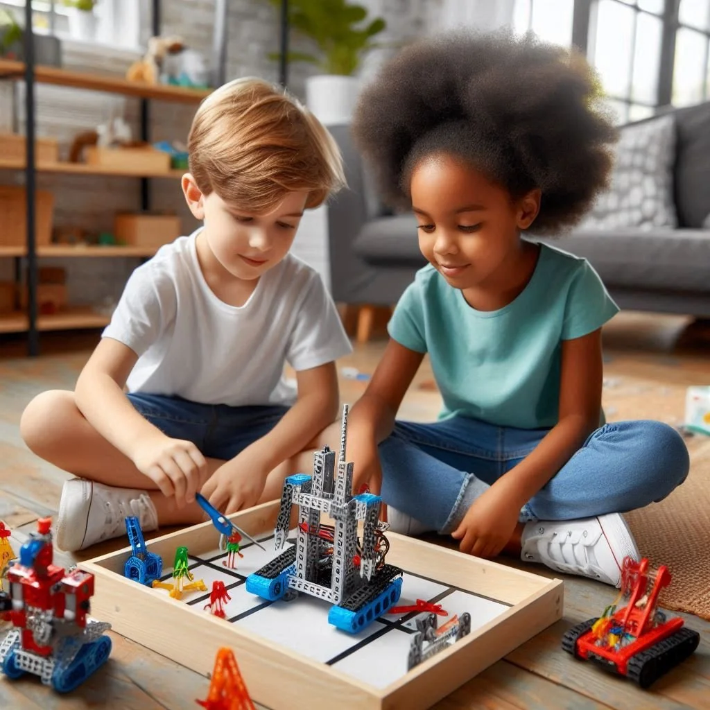 Two children playing with building blocks and miniature VEX robots on the floor in a living room. The room has a cozy atmosphere with a couch and shelf in the background.