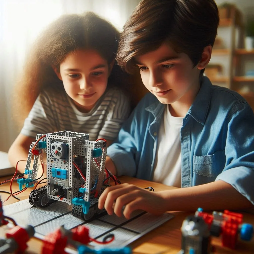 Two children building a VEX robot with construction kits on a wooden table, focused and engaged in a STEM activity.