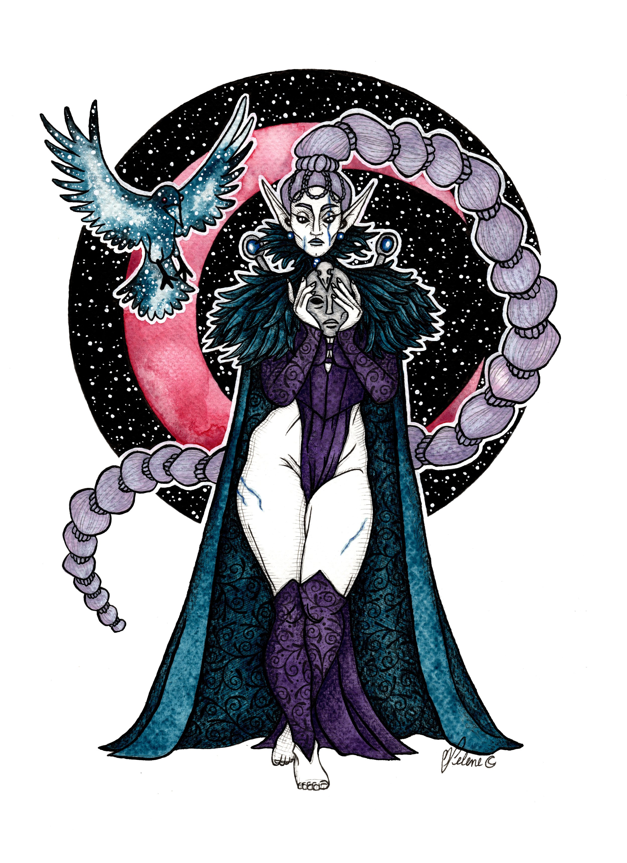 Shadow Sorceress
(July 2025)
Ink, Watercolour Paint, Coloured Pencils, Acrylic Pen
9x12 Bristol Paper