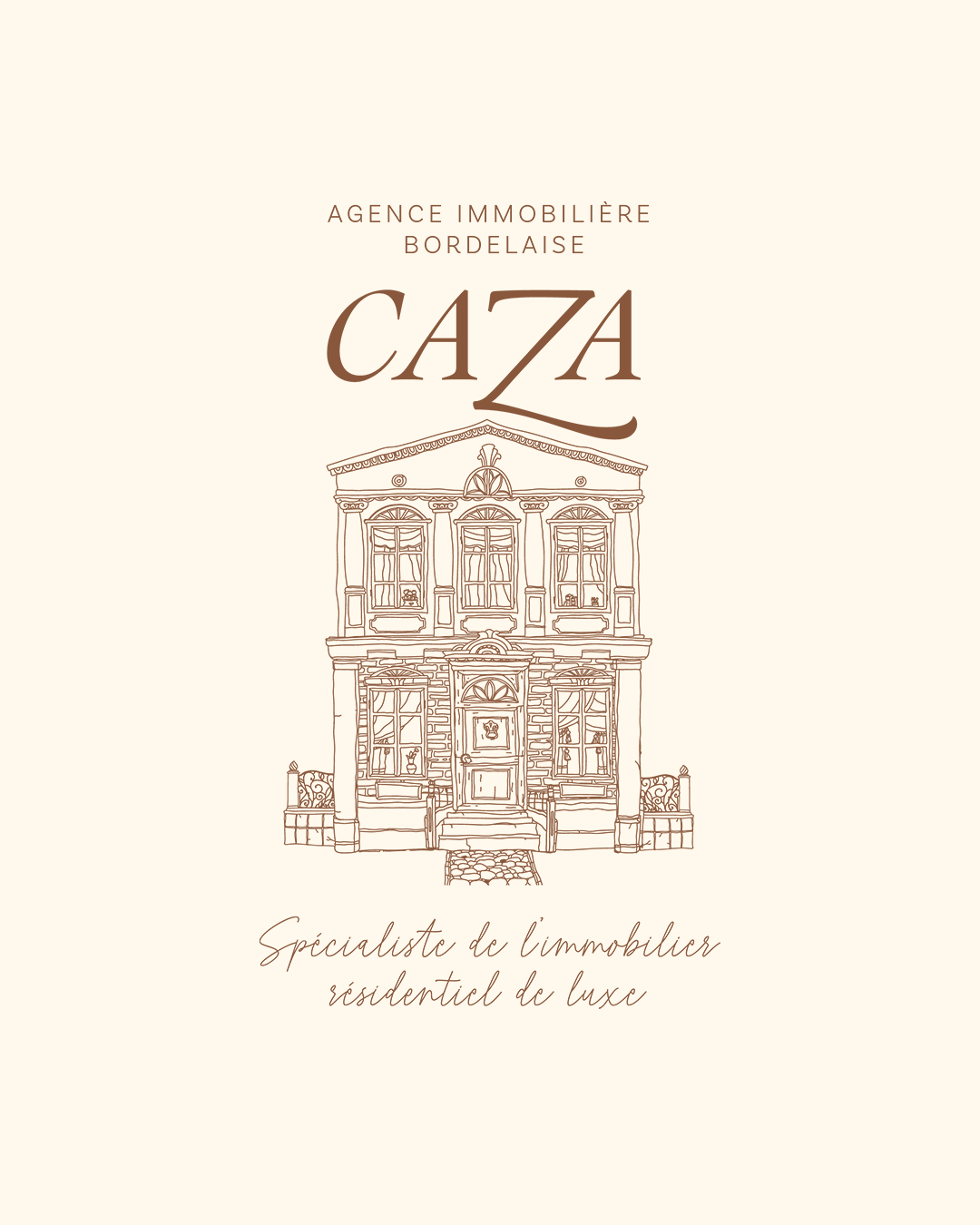 Logo de l'agence immobilière bordelaise "Caza" avec illustration d'une maison ancienne, spécialisé dans l'immobilier résidentiel de luxe.
