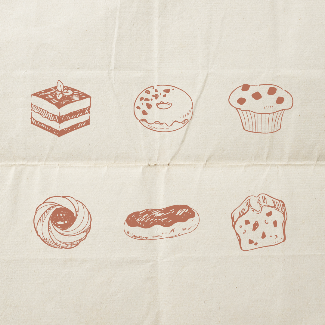 Illustrations de divers pâtisseries : un gâteau en tranche, un donut, un muffin, un croissant torsadé, un éclair et une tranche de cake aux fruits sur fond de papier.