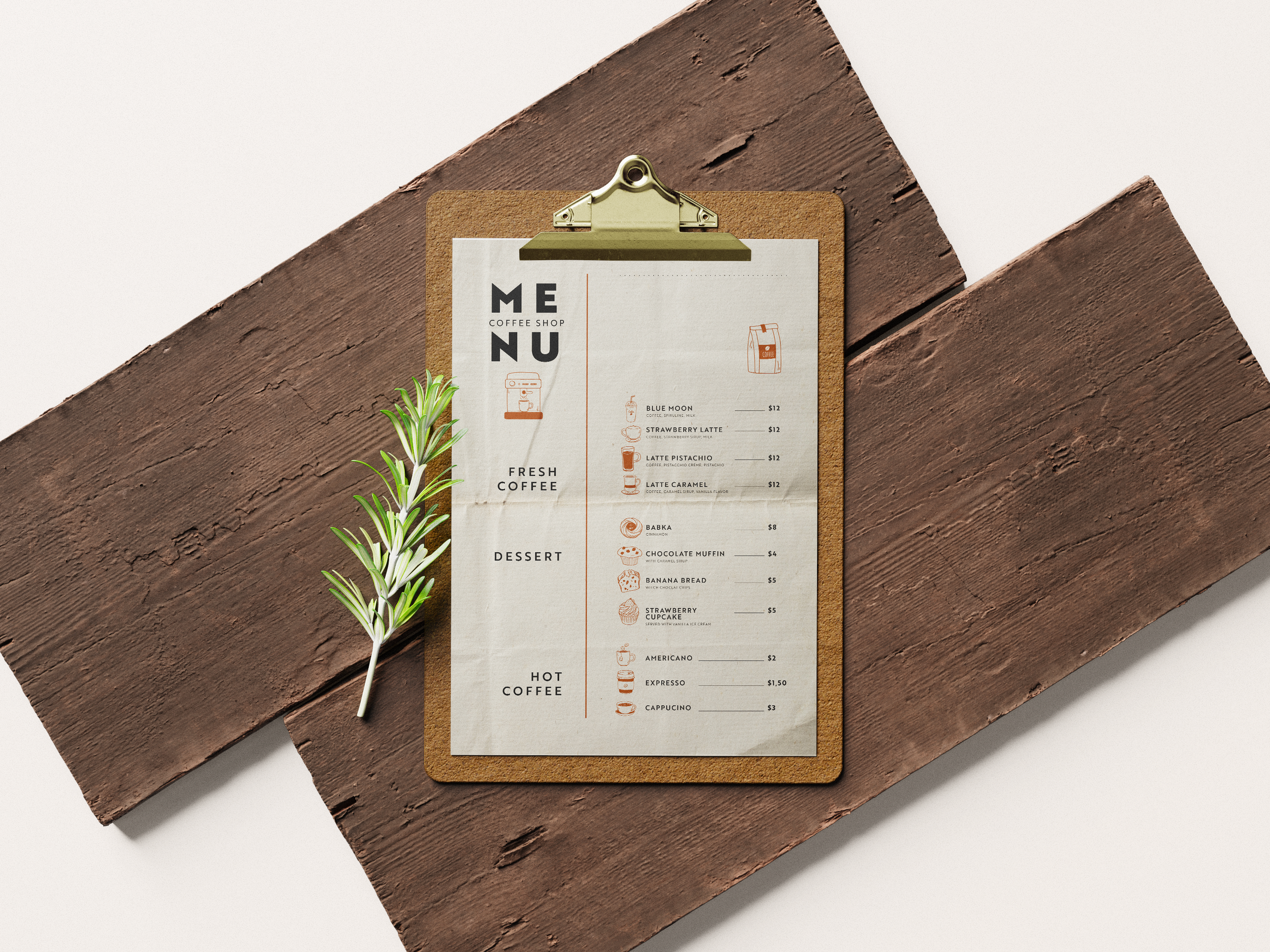 Menu d'un café avec des sections pour café frais, desserts et café chaud, avec divers éléments et prix indiqués. Il est attaché à un clip en bois, décoré d'une branche de romarin.