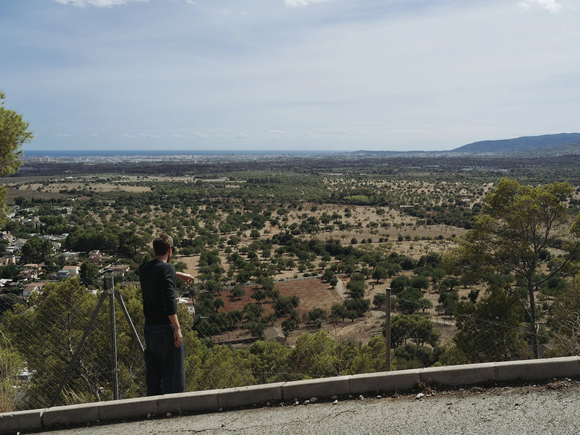 A person standing on the side of a road with a chain-link fence, overlooking a vast landscape of trees, fields, and distant mountains under a partly cloudy sky.