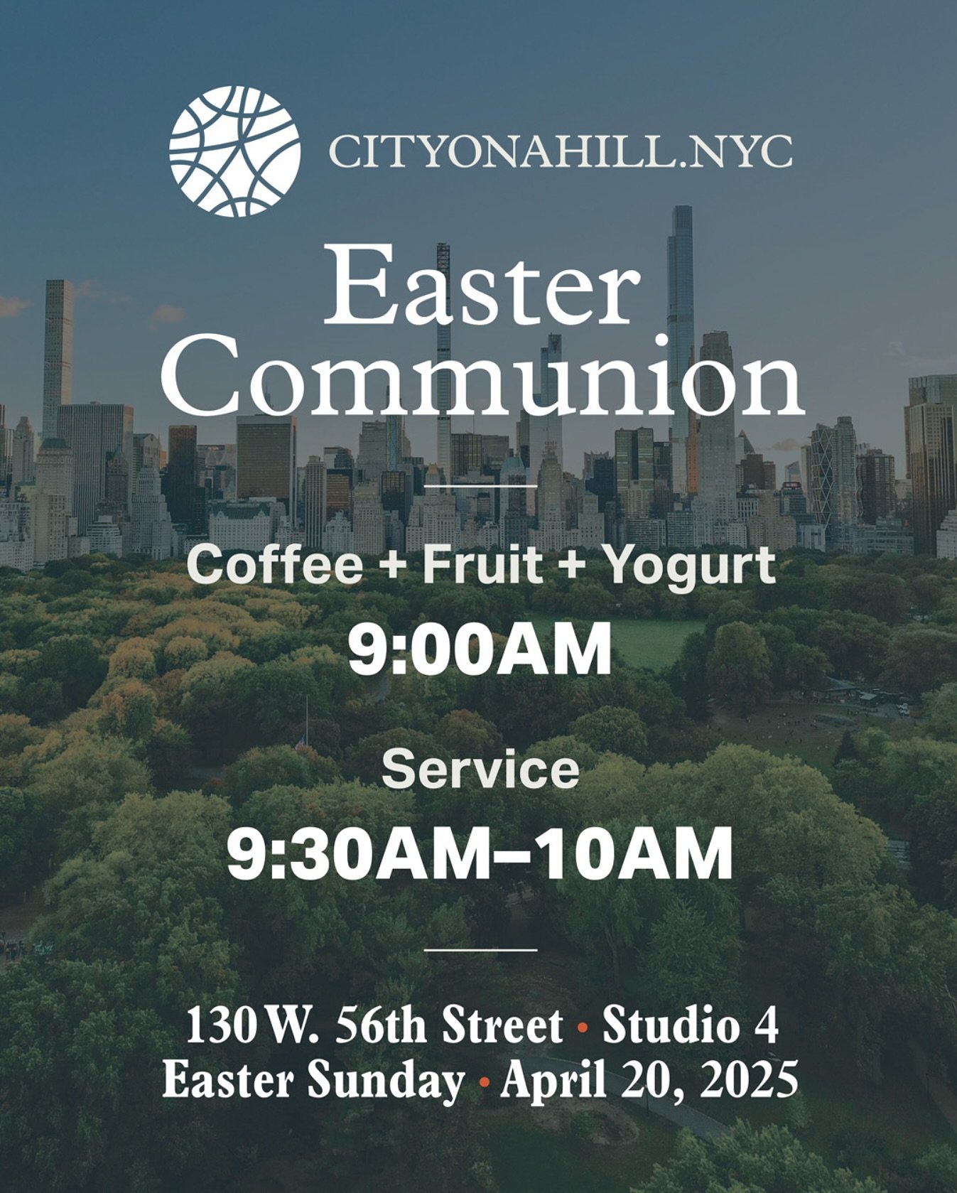 Begin your Easter Celebration with a light breakfast at @cityonahill.nyc at 9:00 AM followed by a Communion Service from 9:30 AM to 10:00AM. @jayharvey3 will give a short message on the reasons for hope that we have in the resurrection of Jesus. @mol