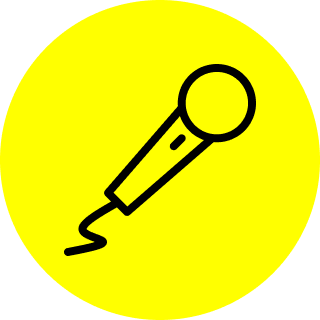 A black line drawing of a microphone on a yellow circular background.