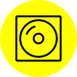 Yellow background with a black vinyl record inside a square outline.