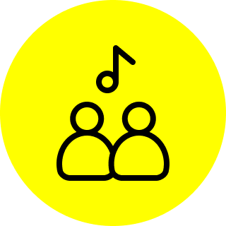 Yellow background with black icons of two people and a music note above them.