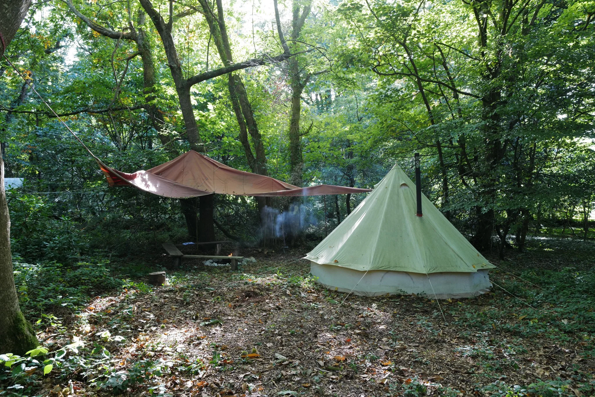 A campsite in a lush green forest with a beige bell-shaped tent and a tarp overhead, with a small fire burning nearby.