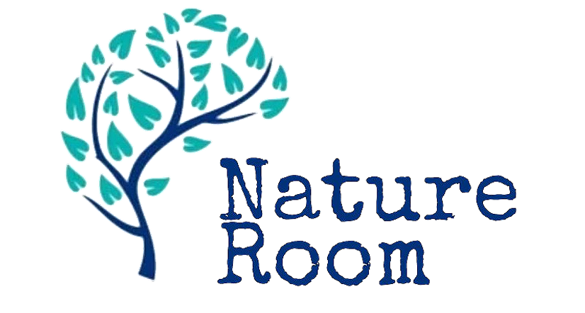 A stylized tree with blue and teal leaves next to the words 'Nature Room' written in blue, playful font.
