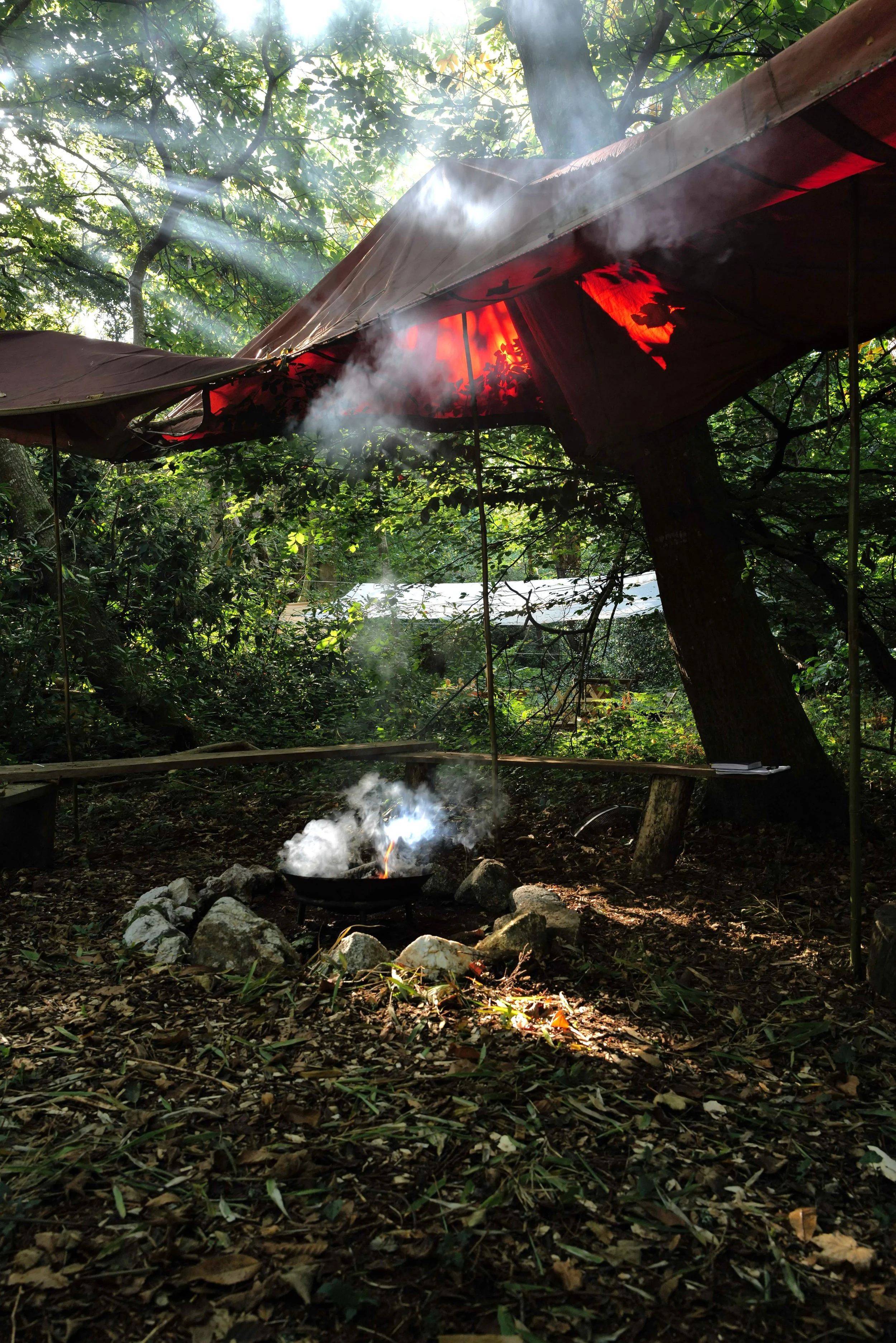 A campsite in a forest with a small fire pit surrounded by rocks under a makeshift shelter made of tarp, with smoke rising from the fire.