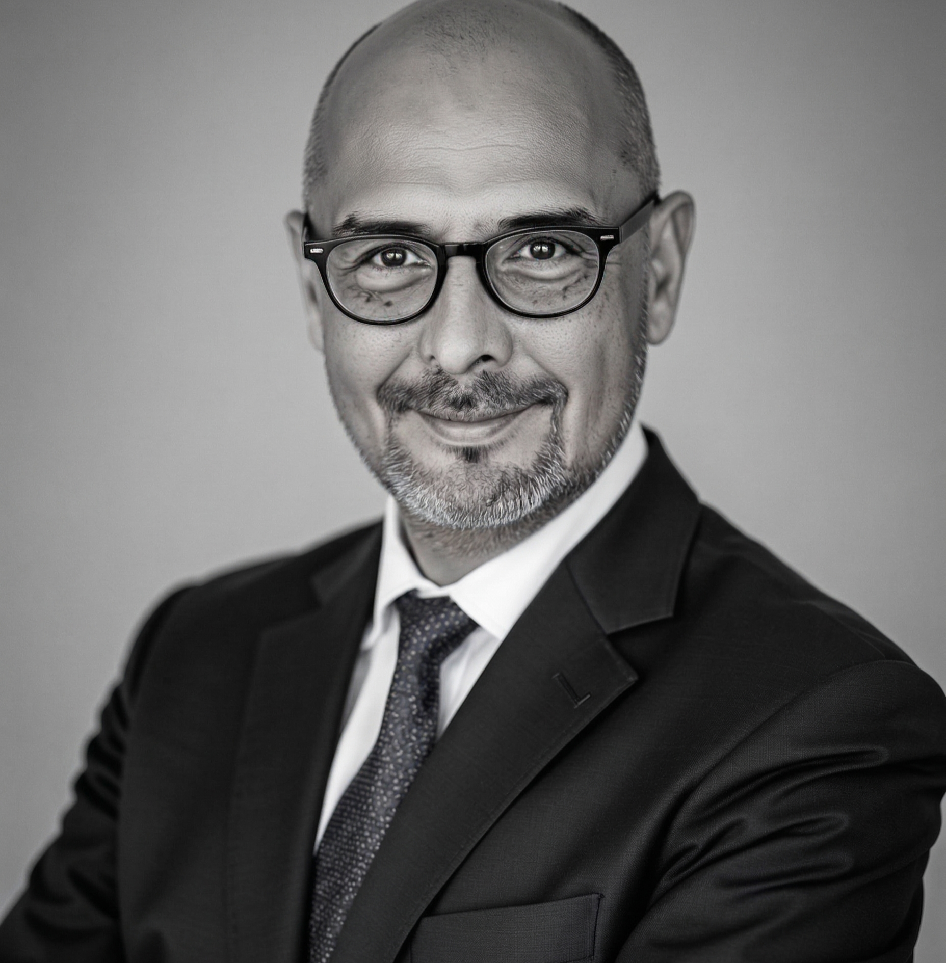 Close-up of a smiling man with glasses, wearing a dark suit, white shirt, and tied floral tie, with a small microphone clipped to his coat, against a neutral background.