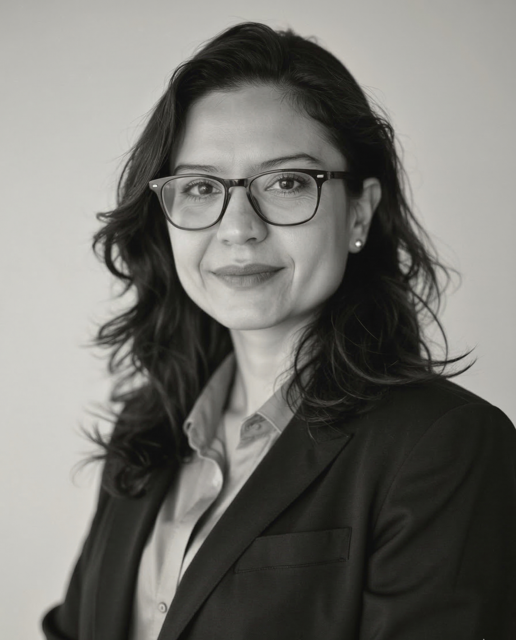 A woman with long dark wavy hair, wearing glasses, a light-colored collared shirt, and a dark blazer, looking at the camera against a plain background.