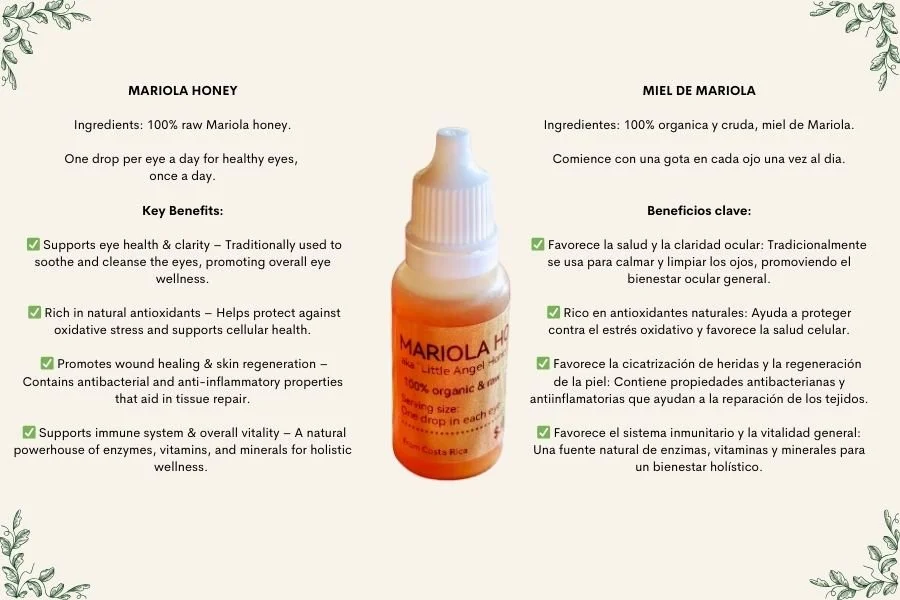 Bottle of Mariola Honey in the center, with informational text in both English and Spanish on either side, featuring floral decorative elements on the top corners.