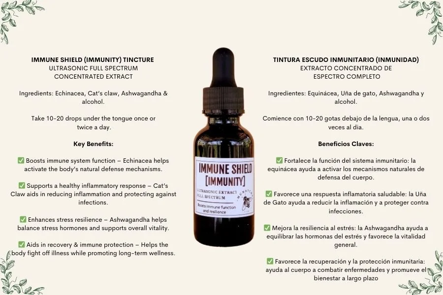 Image of a liquid supplement bottle labeled 'Immune Shield' with detailed product benefits and ingredients in English and Spanish, containing echinacea, cat's claw, ashwagandha, and alcohol.
