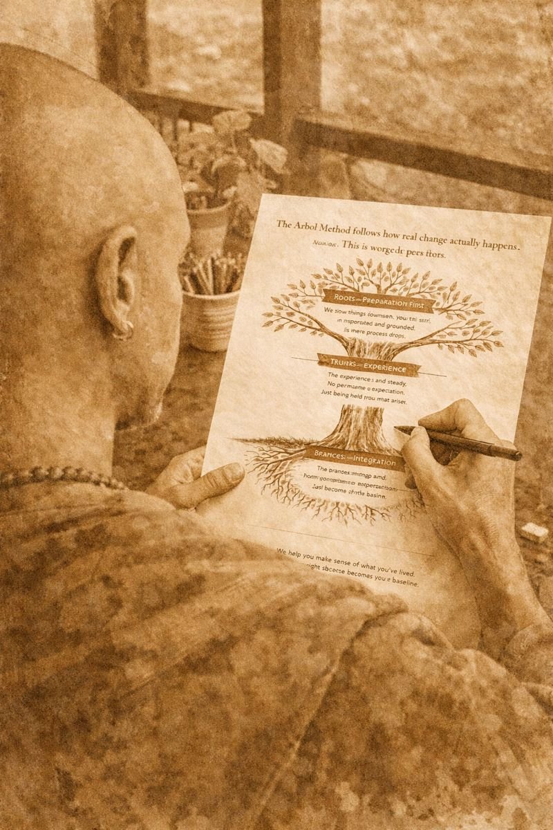 Faisal drawing the arbol method on paper to show the integration after plant medicine work.