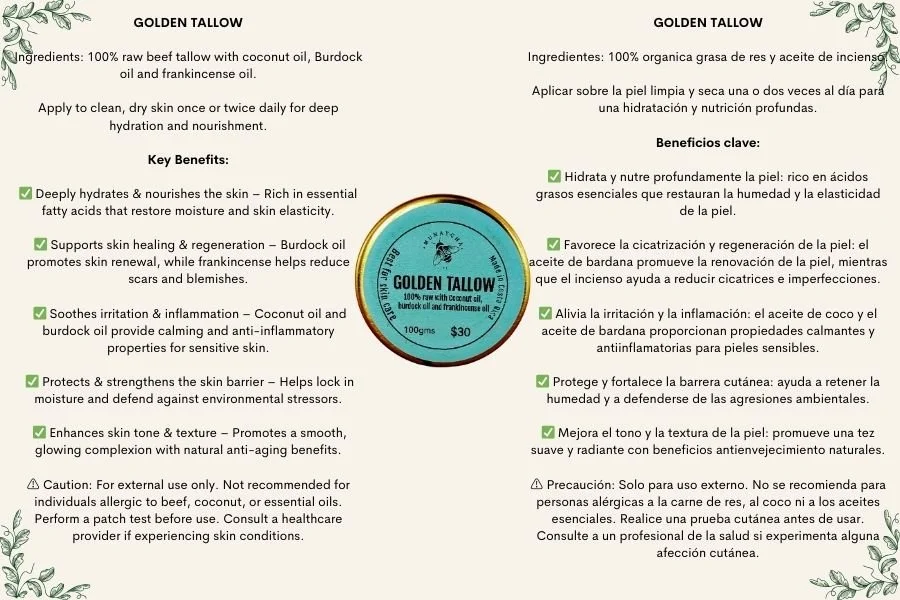 Label for Golden Tallow skincare product with ingredients, instructions, and benefits in English and Spanish, decorated with leaf patterns.