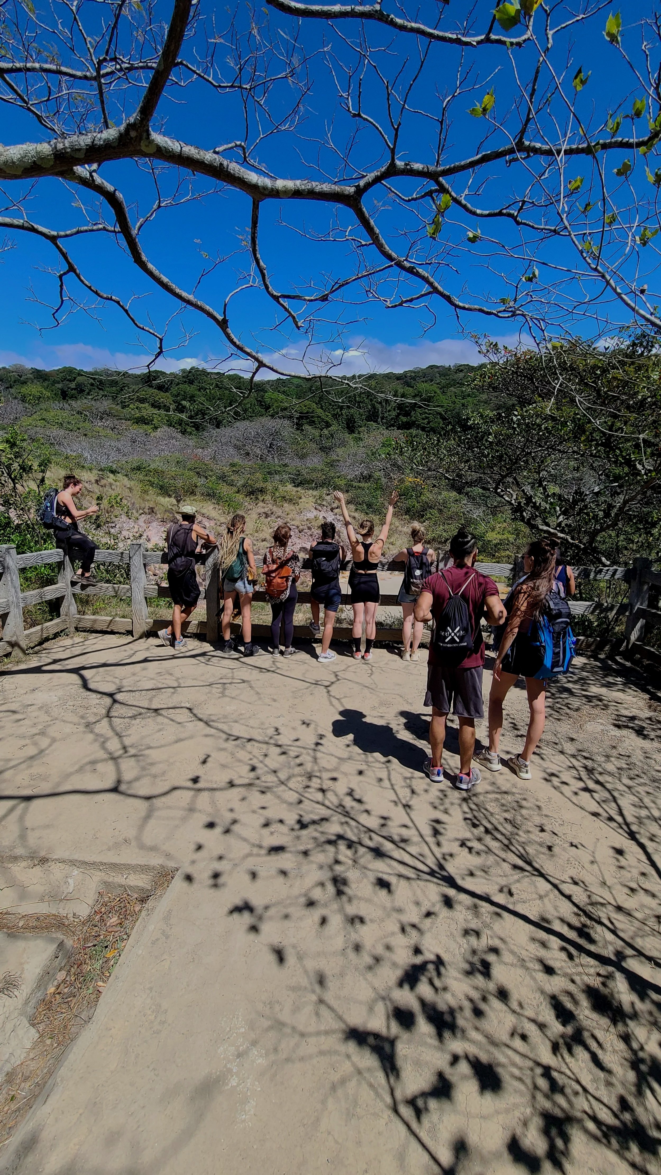 Group of people standing on a nature trail overlooking a green hillside, with some taking photos and others enjoying the view, under a clear blue sky with partially leafless tree branches casting shadows.