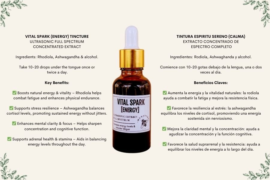 Product label for Vital Spark (Energy) Tincture with dropper bottle, ingredients listed as Rhodiola, Ashwagandha, and alcohol, with instructions to take 10-20 drops twice daily, and benefits including boosting energy, supporting stress resilience, en
