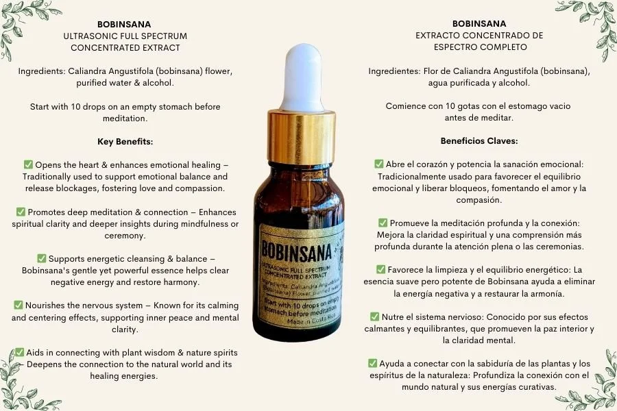 Label for Bobinsana ultrasonic full spectrum concentrate extract, featuring Spanish and English descriptions, ingredients, usage instructions, benefits, and decorative border with leaves.