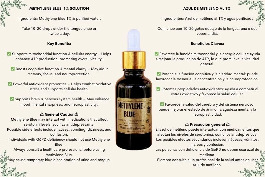Label for Methylene Blue 1% Solution with instructions, benefits, and warnings in English and Spanish, featuring a small dark bottle with a dropper cap.